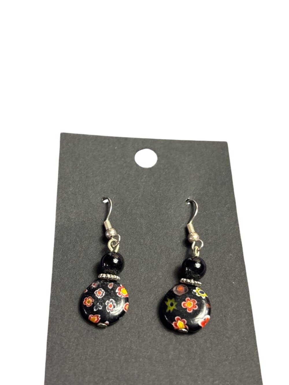 Floral Glass Bead Dangle Earrings Black Silvertone Multicolor 1 inch